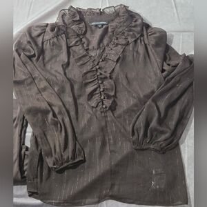 Boston Proper Wms M Brown Blouse  Long Sleeve Ruffle W/Tank Top NWOT